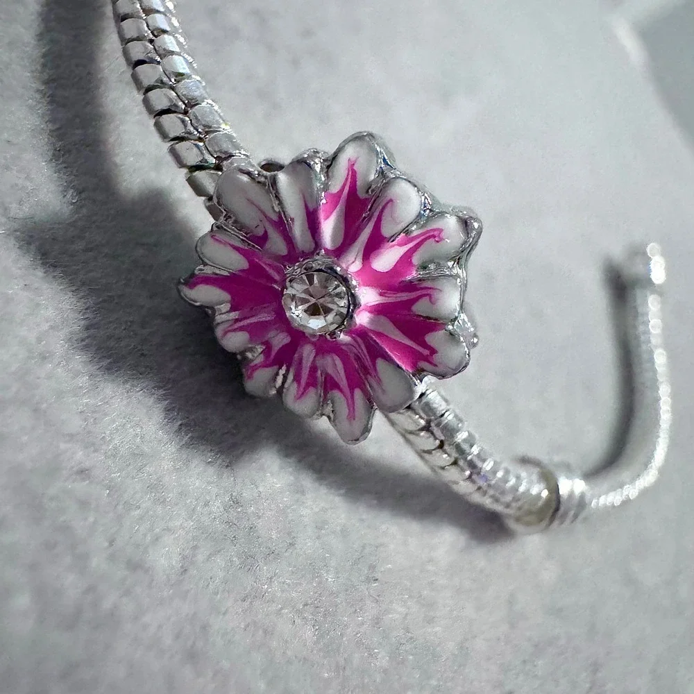 Pink White Enamel Flower Bead Charm fits‎ PANDORA